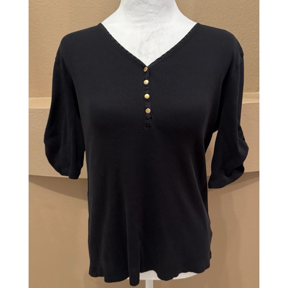 Lauren Ralph Lauren Womens Top Black V-Neck Buttons Short Sleeve Size XL